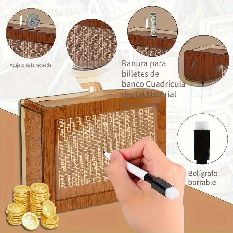 Caja de Ahorros de Madera Marrón Oscuro Estilo Vintage con Contador y Bolígrafo - Rectangular