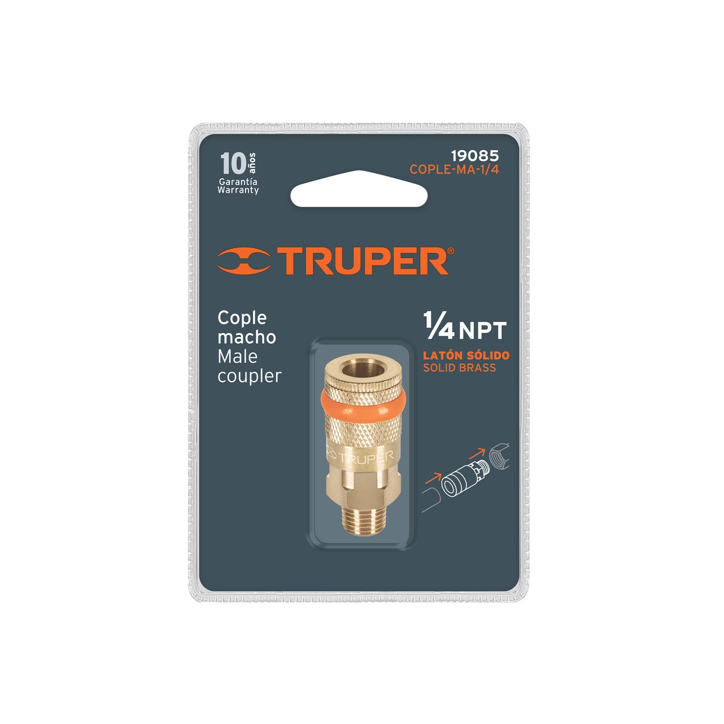 Cople rápido de latón, macho, cuerda 1/4" NPT, TRUPER 19085