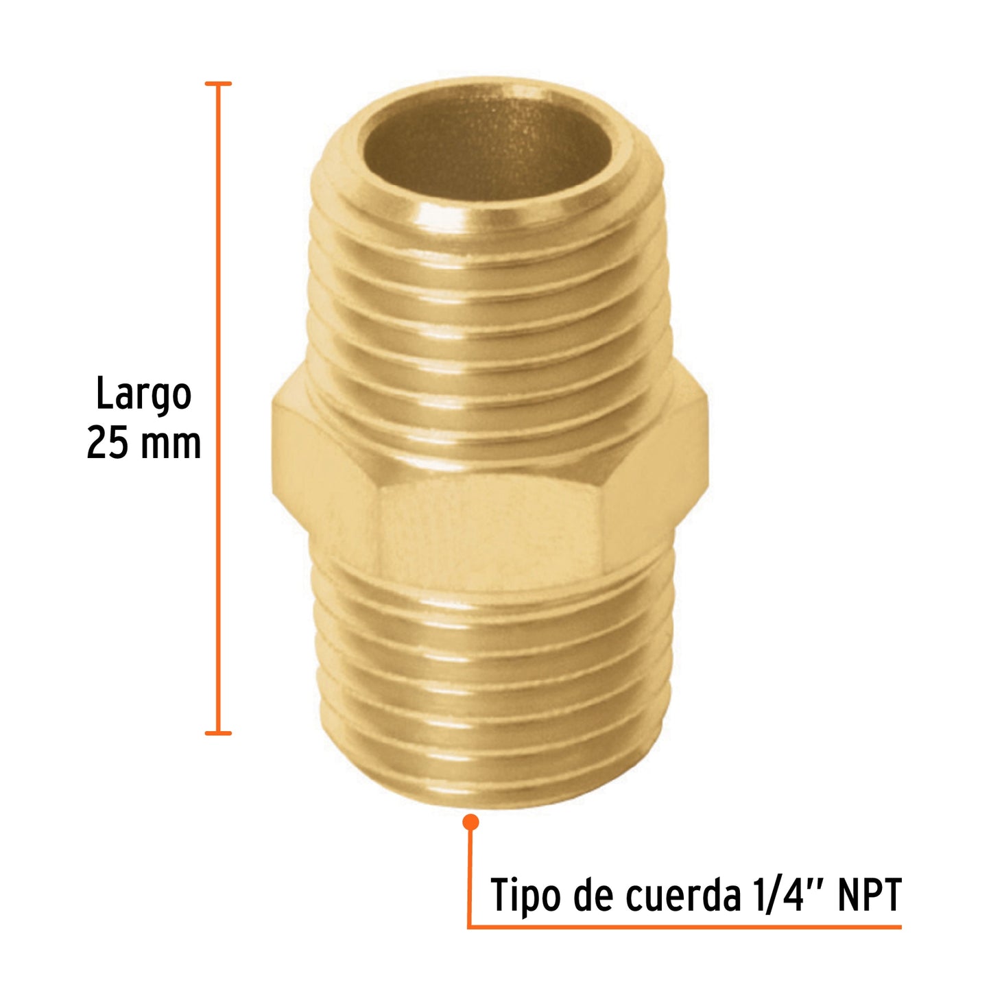 Niple de latón, macho-macho, cuerda 1/4" NPT, TRUPER 19024