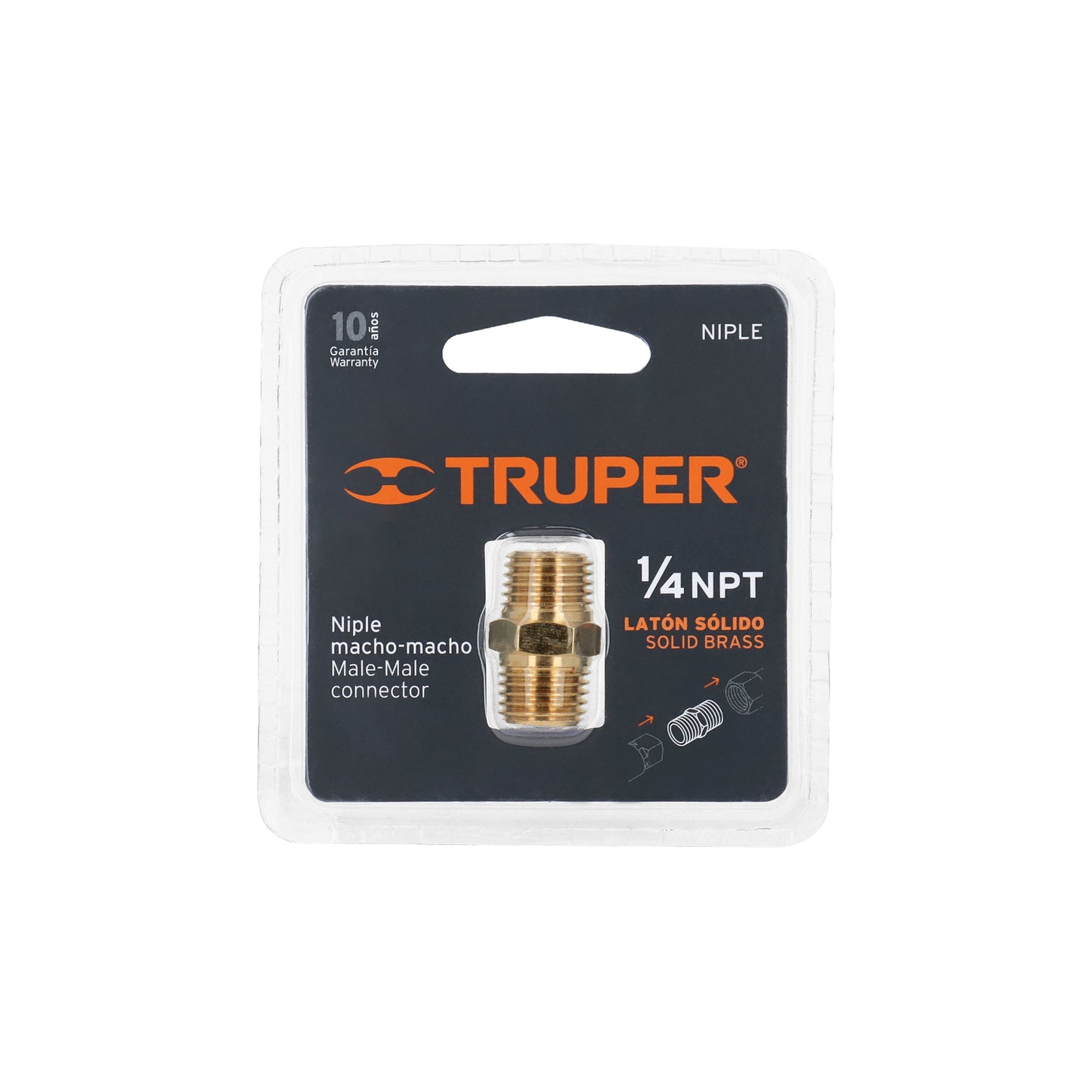 Niple de latón, macho-macho, cuerda 1/4" NPT, TRUPER 19024