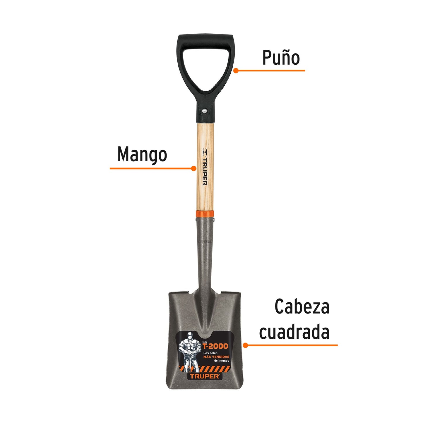 Pala cajuelera cuadrada, puño "D" mango de madera, Truper 17194