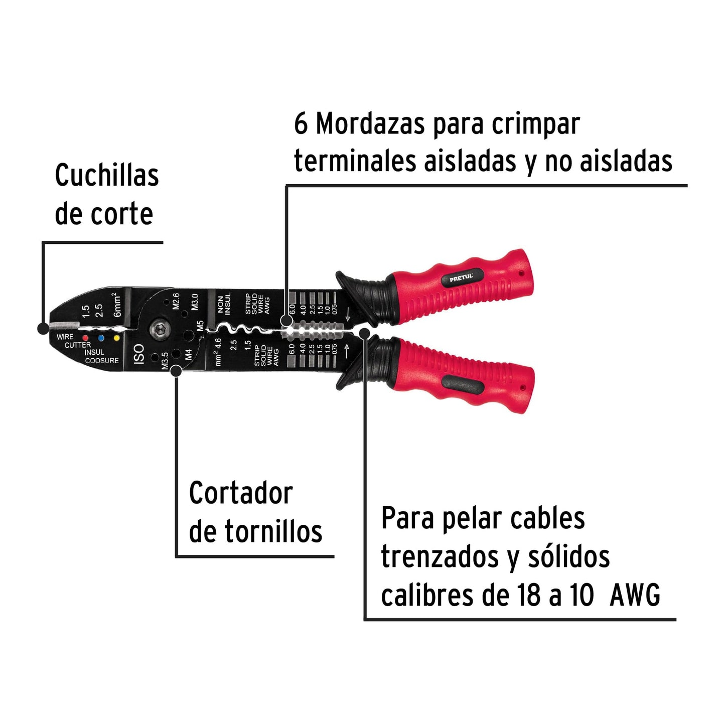 Pinza 9" pela cables, 18 a 10 AWG, PRETUL 22710