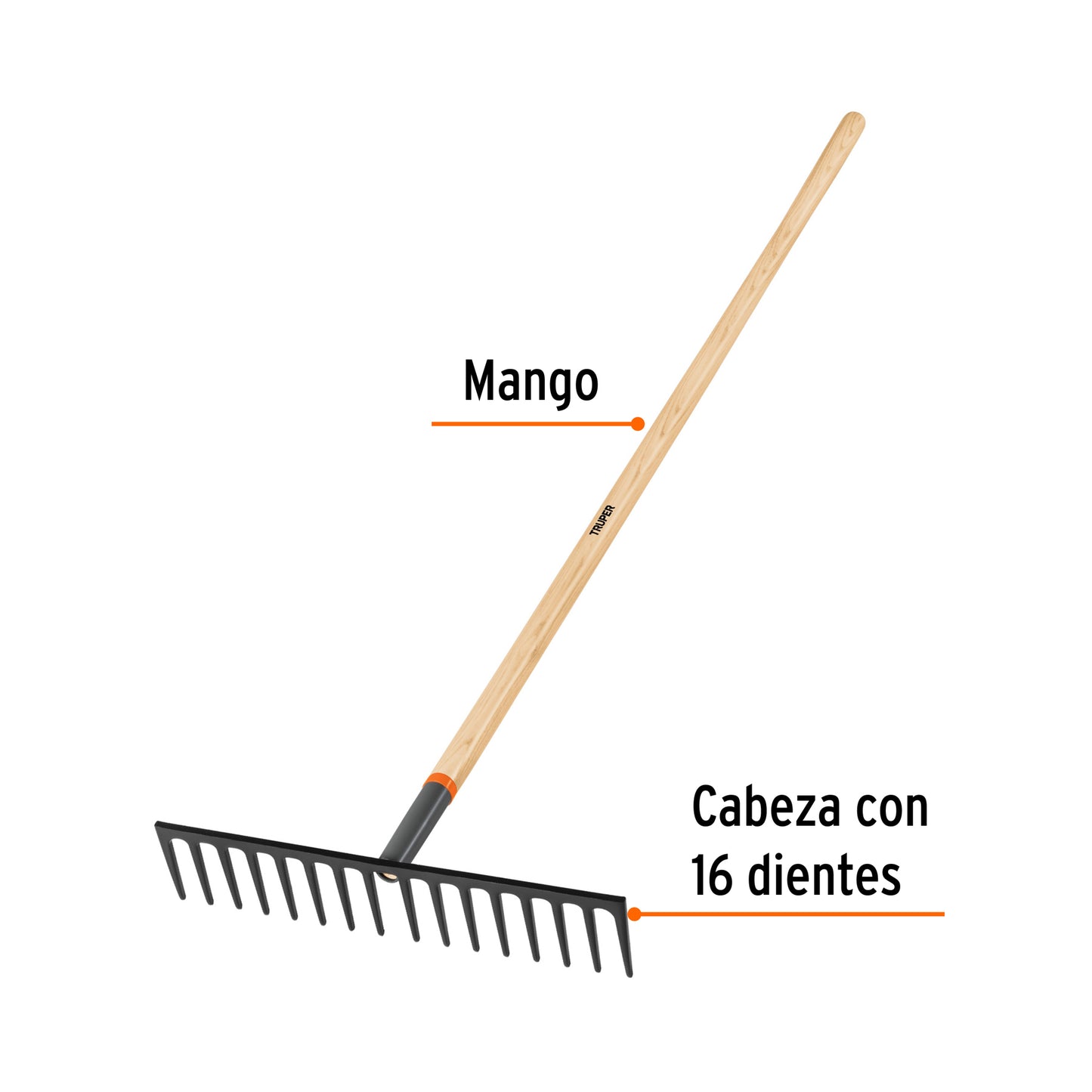 Rastrillo recto reforzado, 16 dientes, mango de 60", Truper 17888
