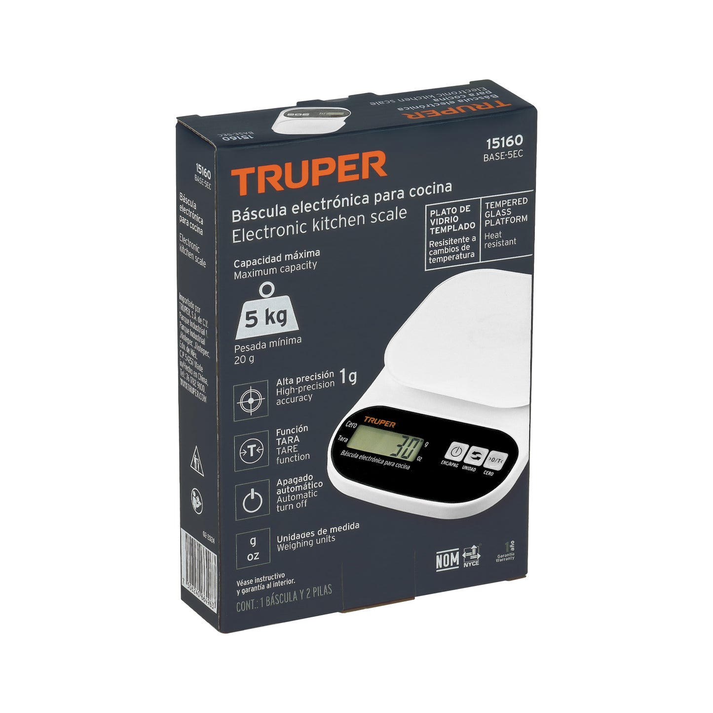 Báscula digital para cocina, plato de vidrio, 5 kg, Truper 15160