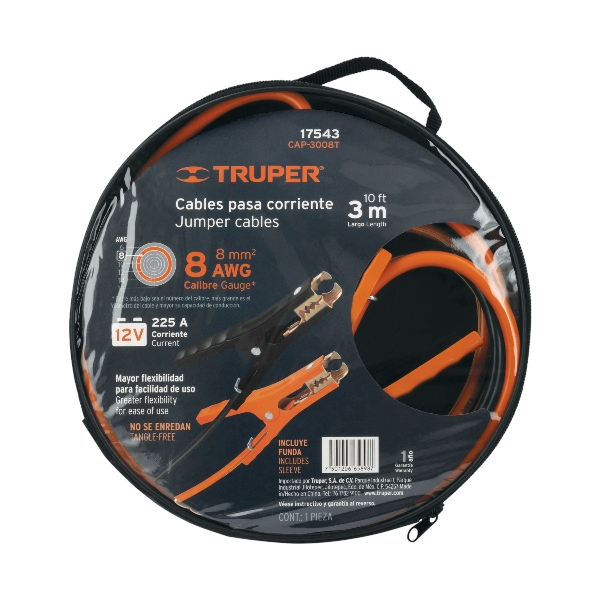 Cables pasa corriente 3 m, 225 A, 8 AWG, con funda, Truper 17543