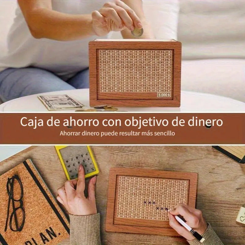 Caja de Ahorros de Madera Marrón Oscuro Estilo Vintage con Contador y Bolígrafo - Rectangular