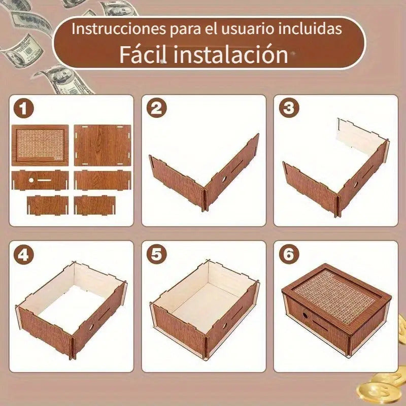 Caja de Ahorros de Madera Marrón Oscuro Estilo Vintage con Contador y Bolígrafo - Rectangular