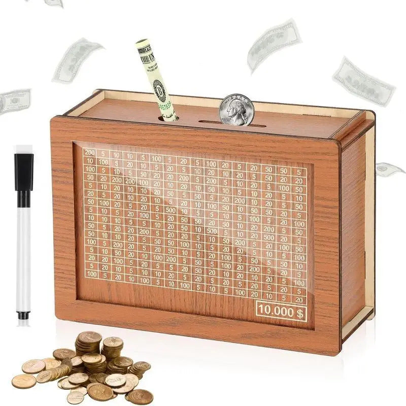 Caja de Ahorros de Madera Marrón Oscuro Estilo Vintage con Contador y Bolígrafo - Rectangular