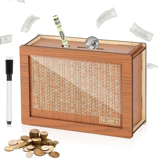 Caja de Ahorros de Madera Marrón Oscuro Estilo Vintage con Contador y Bolígrafo - Rectangular