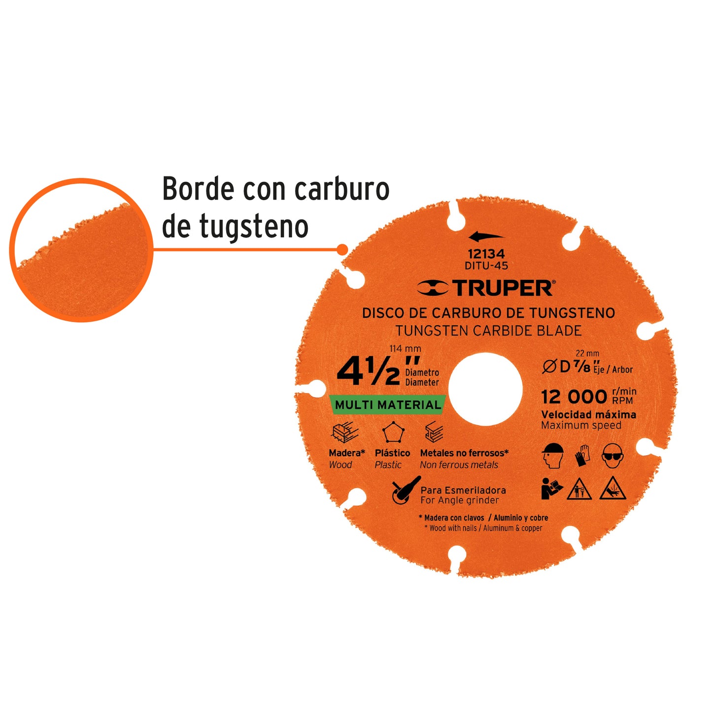 Disco 4-1/2" multimaterial de carburo de tungsteno, TRUPER 12134