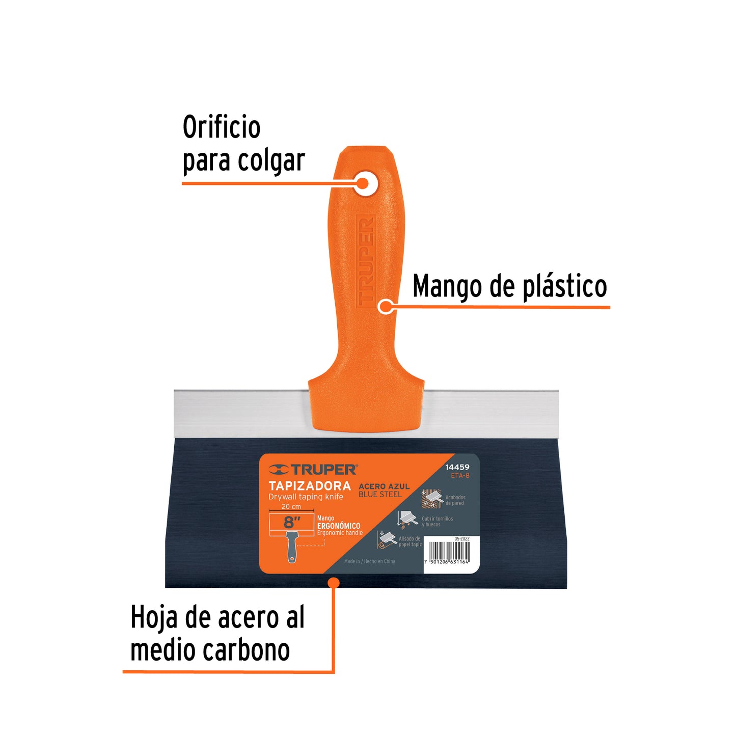 Espátula tapizadora de 8" acero al medio carbono, Truper 14459