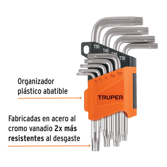 Juego de 9 llaves torx con organizador abatible, Truper 15554