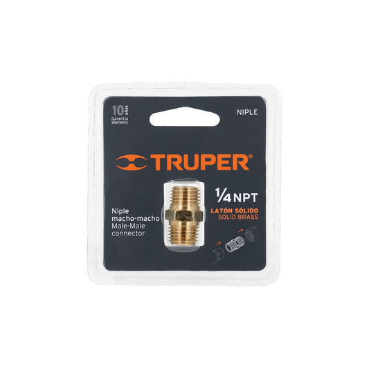 Niple de latón, macho-macho, cuerda 1/4" NPT, TRUPER 19024