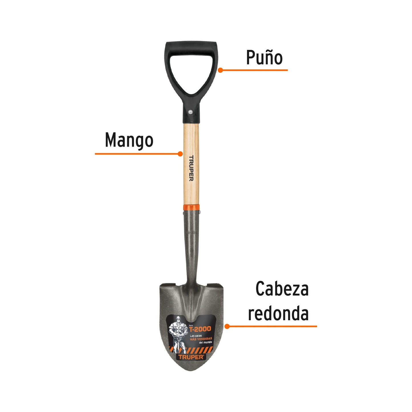 Pala cajuelera redonda, puño "D" mango de madera, Truper 17193