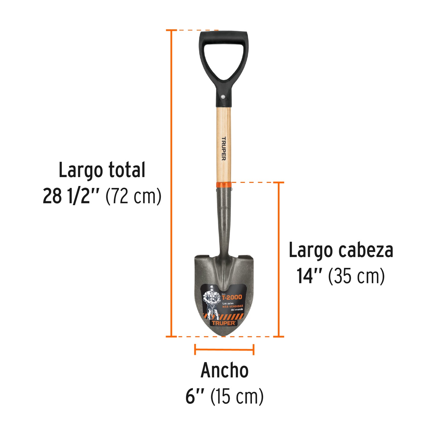 Pala cajuelera redonda, puño "D" mango de madera, Truper 17193