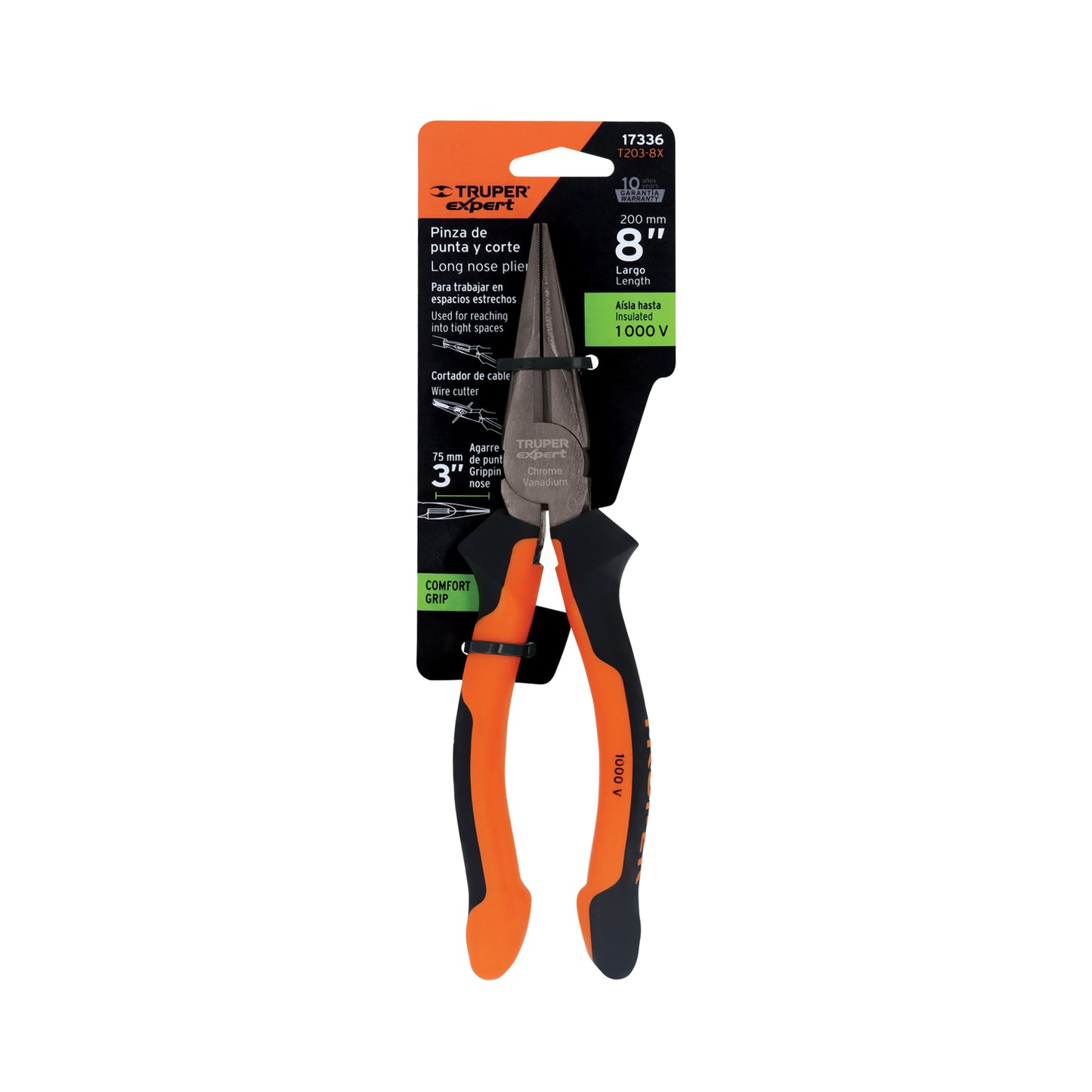 Pinza punta y corte 8" mango Comfort Grip, Truper Expert 17336