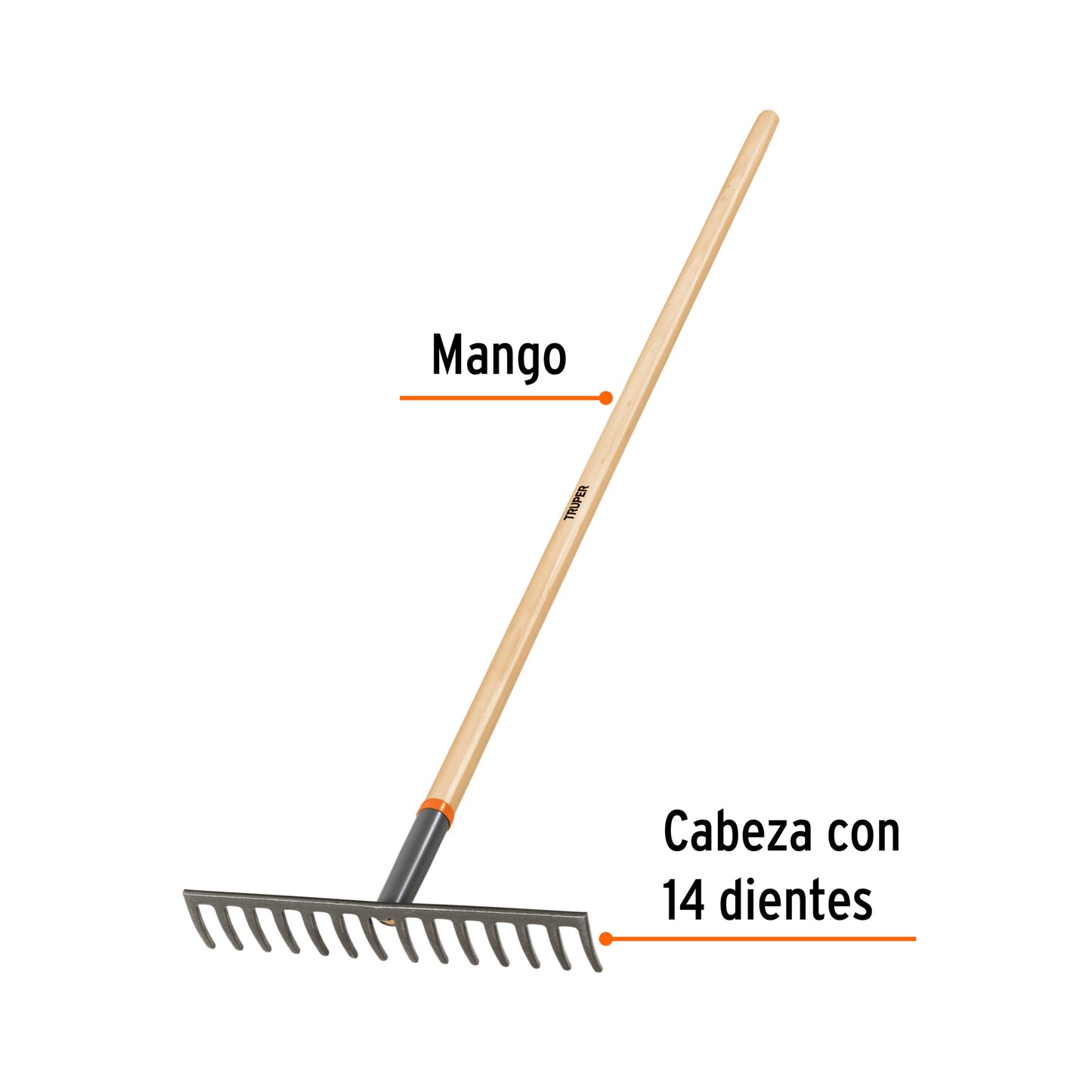 Rastrillo recto de 14 dientes, mango de 54", Truper 100493