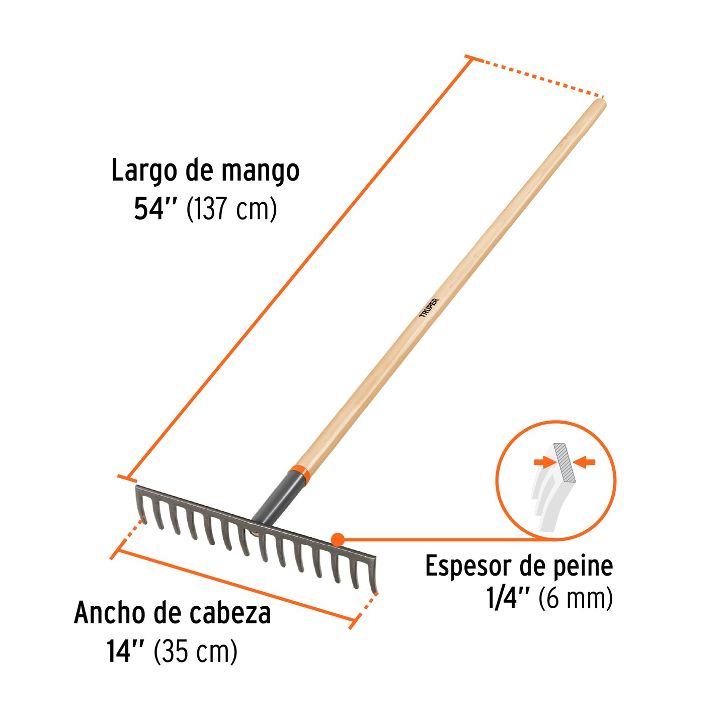 Rastrillo recto de 14 dientes, mango de 54", Truper 100493