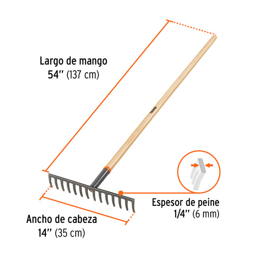 Rastrillo recto de 14 dientes, mango de 54", Truper 100493