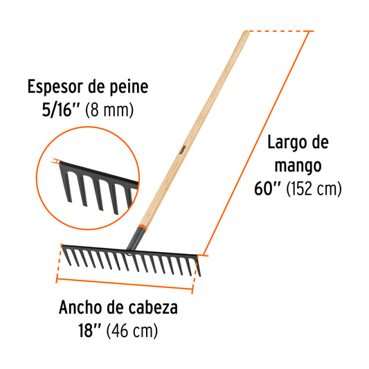 Rastrillo recto reforzado, 16 dientes, mango de 60", Truper 17888