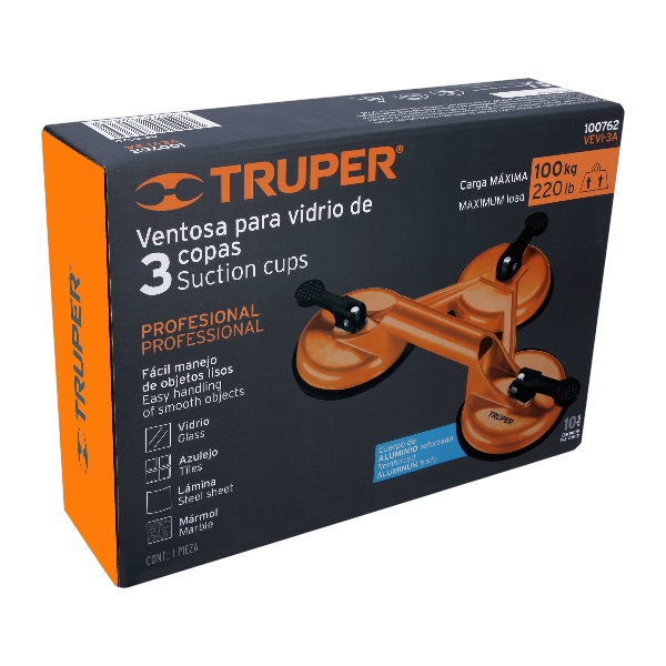 Ventosa de aluminio para vidrio, 3 copas de succión, Truper 100762